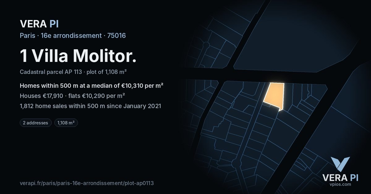 1 Villa Molitor, 16e arrondissement at night – the plot lit, the parcels around coloured by the prices near them