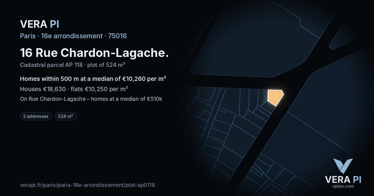 16 Rue Chardon-Lagache, 16e arrondissement at night – the plot lit, the parcels around coloured by the prices near them