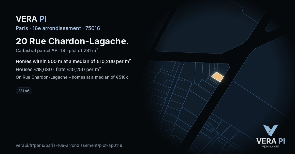 20 Rue Chardon-Lagache, 16e arrondissement at night – the plot lit, the parcels around coloured by the prices near them