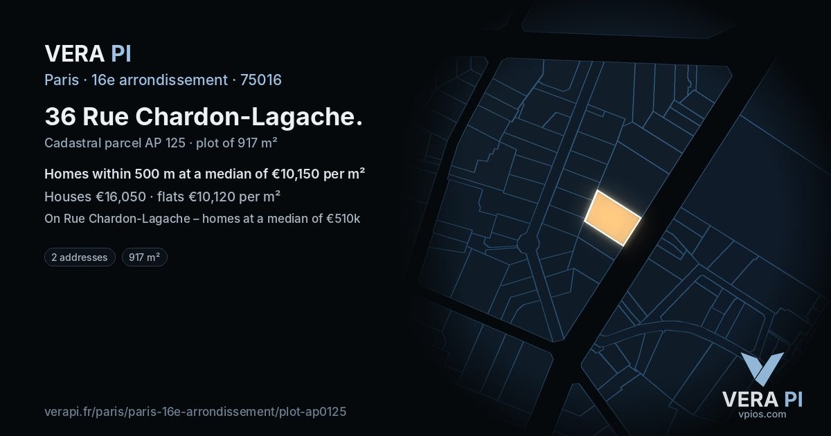 36 Rue Chardon-Lagache, 16e arrondissement at night – the plot lit, the parcels around coloured by the prices near them