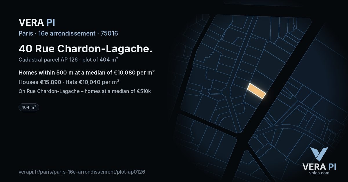 40 Rue Chardon-Lagache, 16e arrondissement at night – the plot lit, the parcels around coloured by the prices near them
