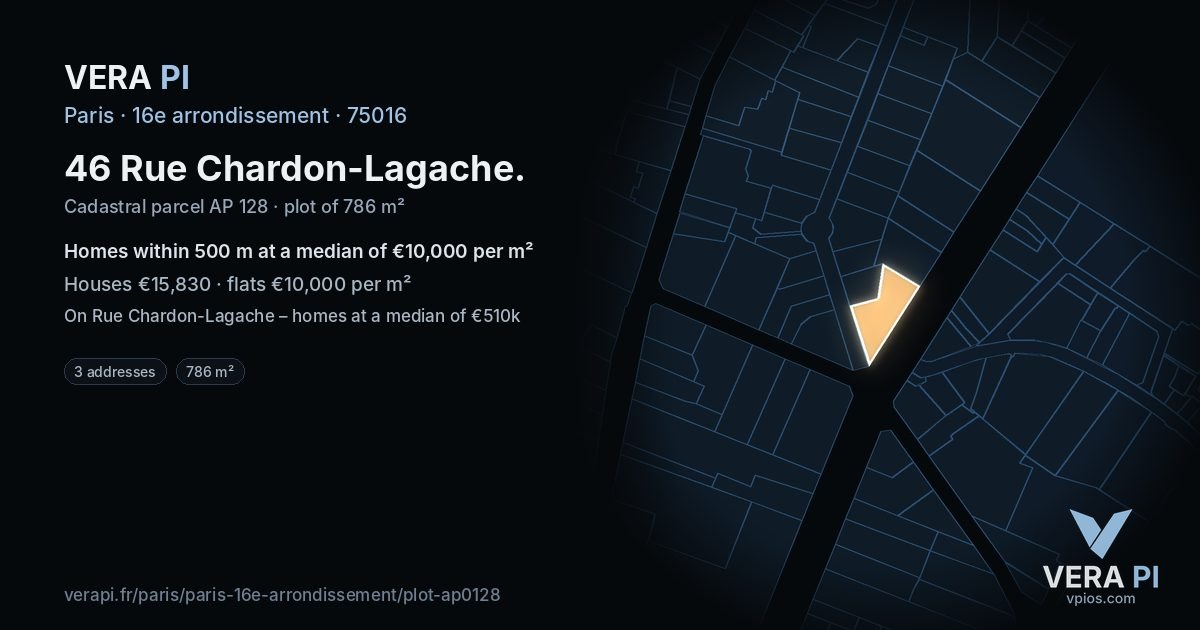 46 Rue Chardon-Lagache, 16e arrondissement at night – the plot lit, the parcels around coloured by the prices near them