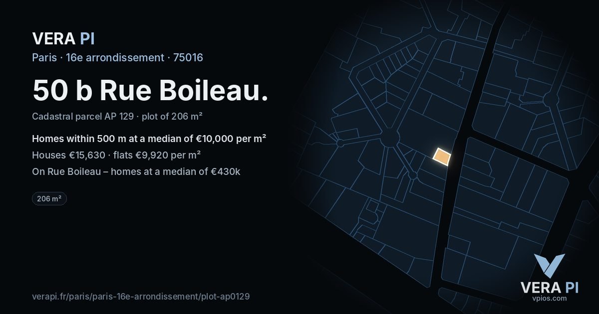 50 b Rue Boileau, 16e arrondissement at night – the plot lit, the parcels around coloured by the prices near them