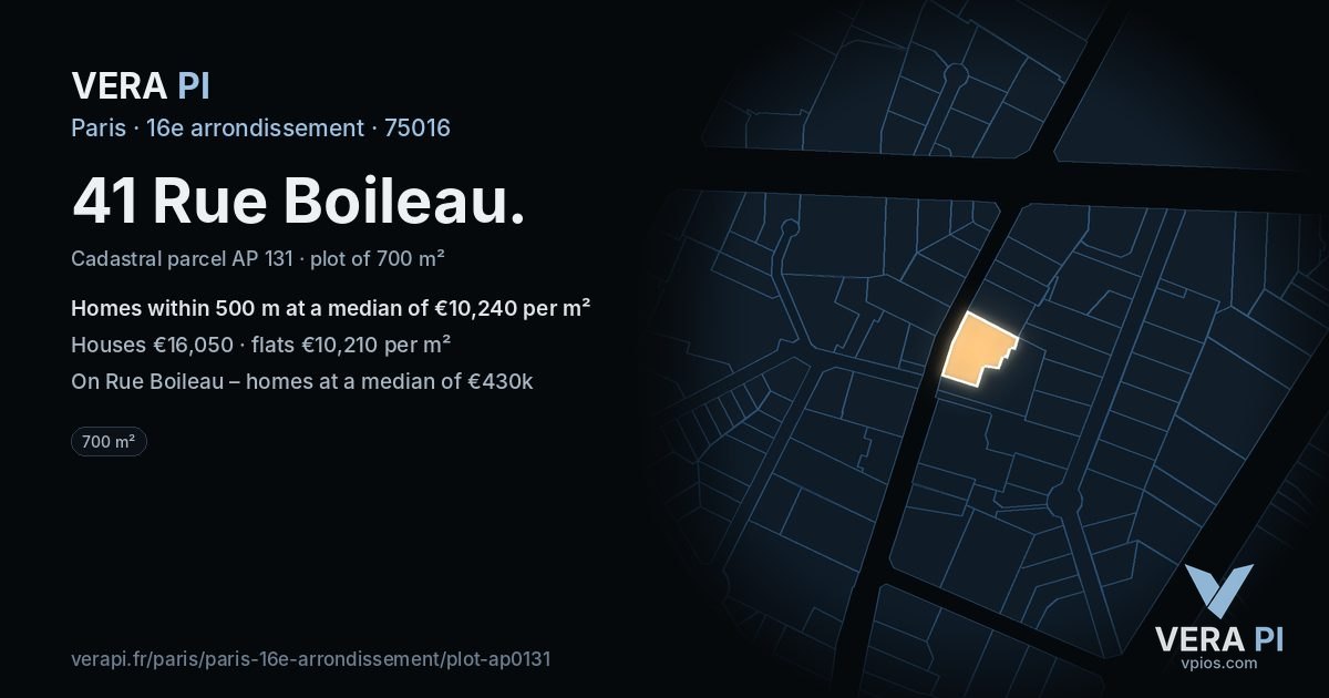 41 Rue Boileau, 16e arrondissement at night – the plot lit, the parcels around coloured by the prices near them