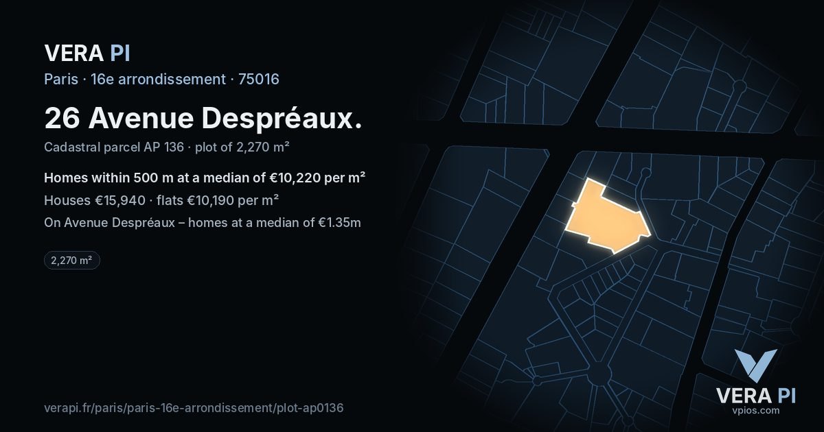 26 Avenue Despréaux, 16e arrondissement at night – the plot lit, the parcels around coloured by the prices near them