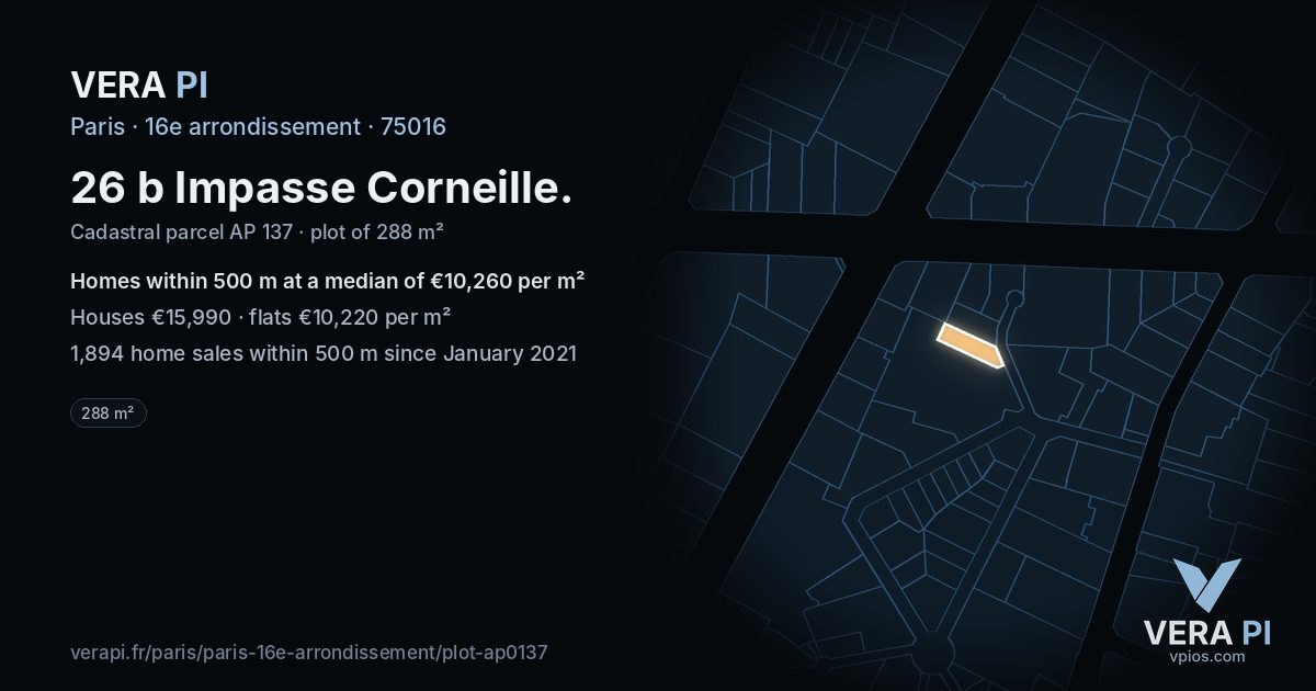 26 b Impasse Corneille, 16e arrondissement at night – the plot lit, the parcels around coloured by the prices near them