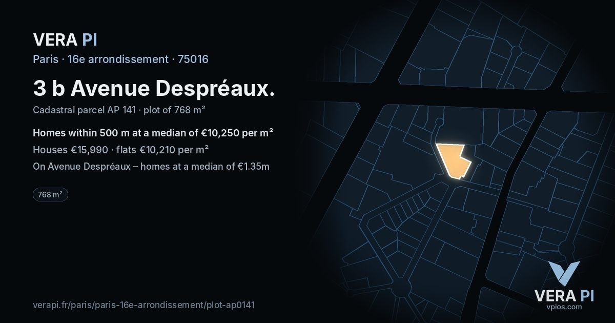 3 b Avenue Despréaux, 16e arrondissement at night – the plot lit, the parcels around coloured by the prices near them
