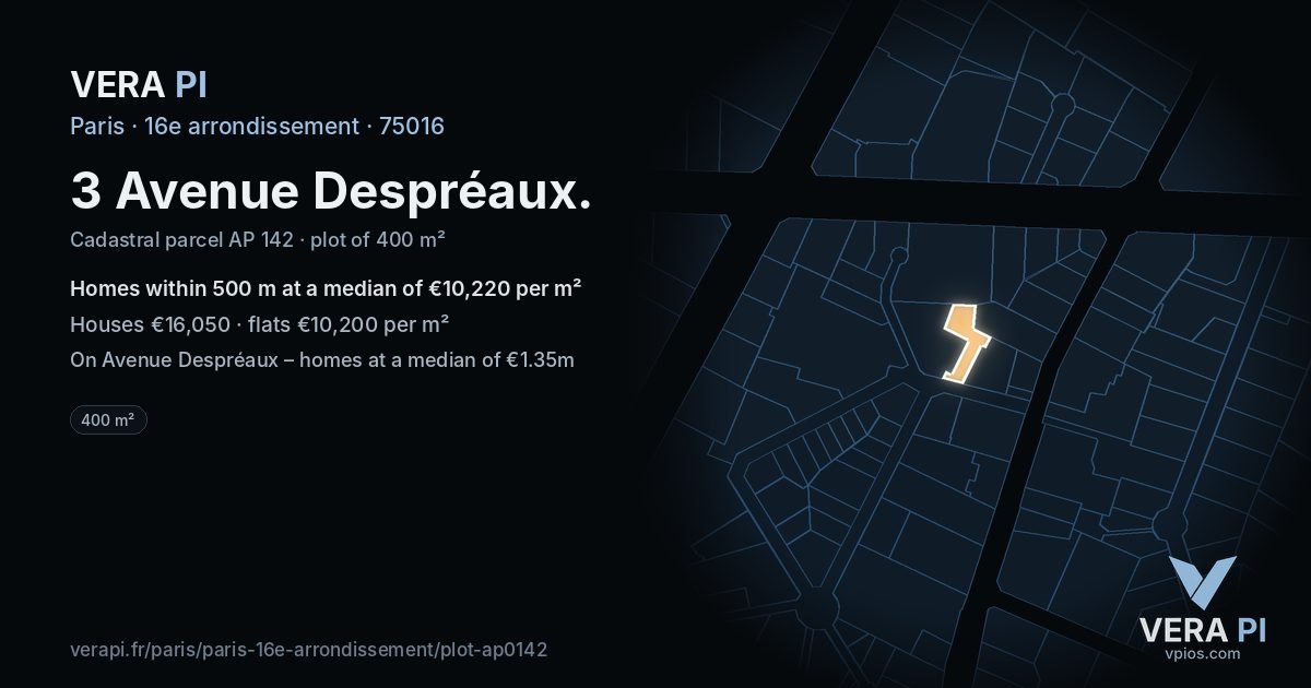 3 Avenue Despréaux, 16e arrondissement at night – the plot lit, the parcels around coloured by the prices near them