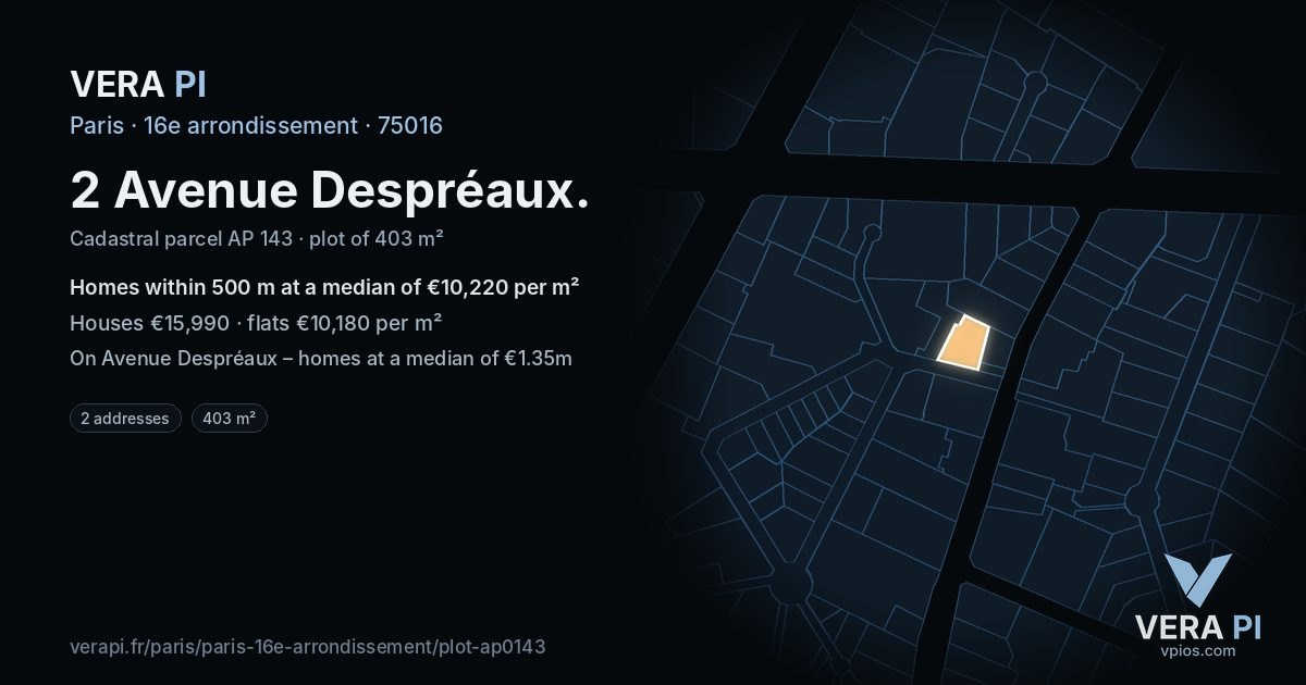 2 Avenue Despréaux, 16e arrondissement at night – the plot lit, the parcels around coloured by the prices near them