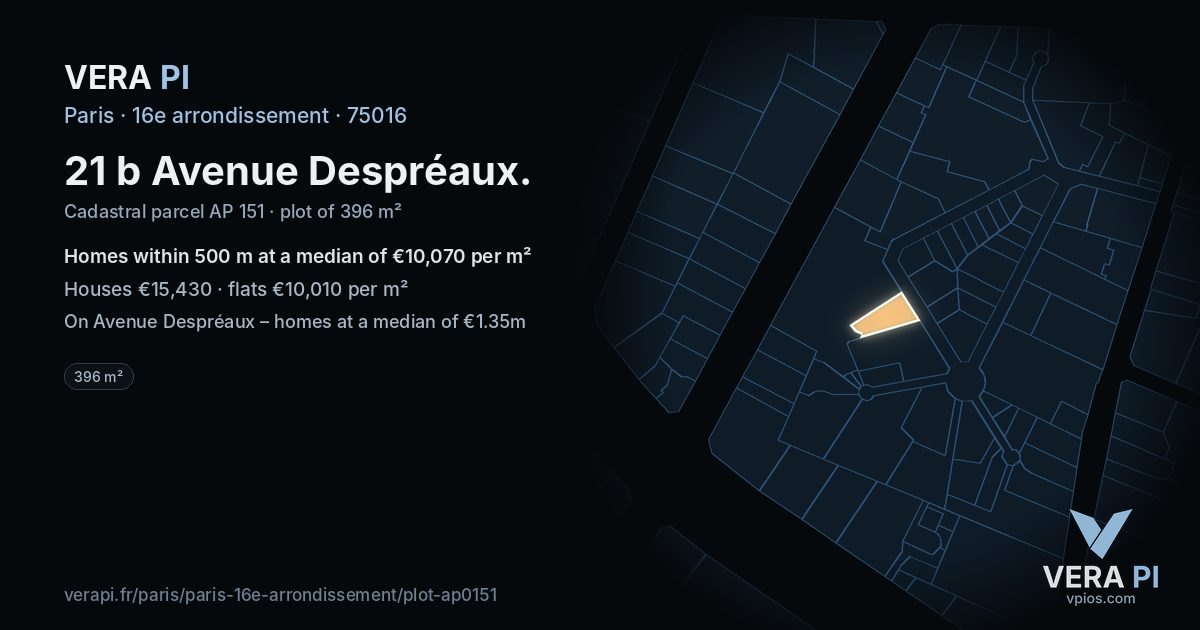21 b Avenue Despréaux, 16e arrondissement at night – the plot lit, the parcels around coloured by the prices near them