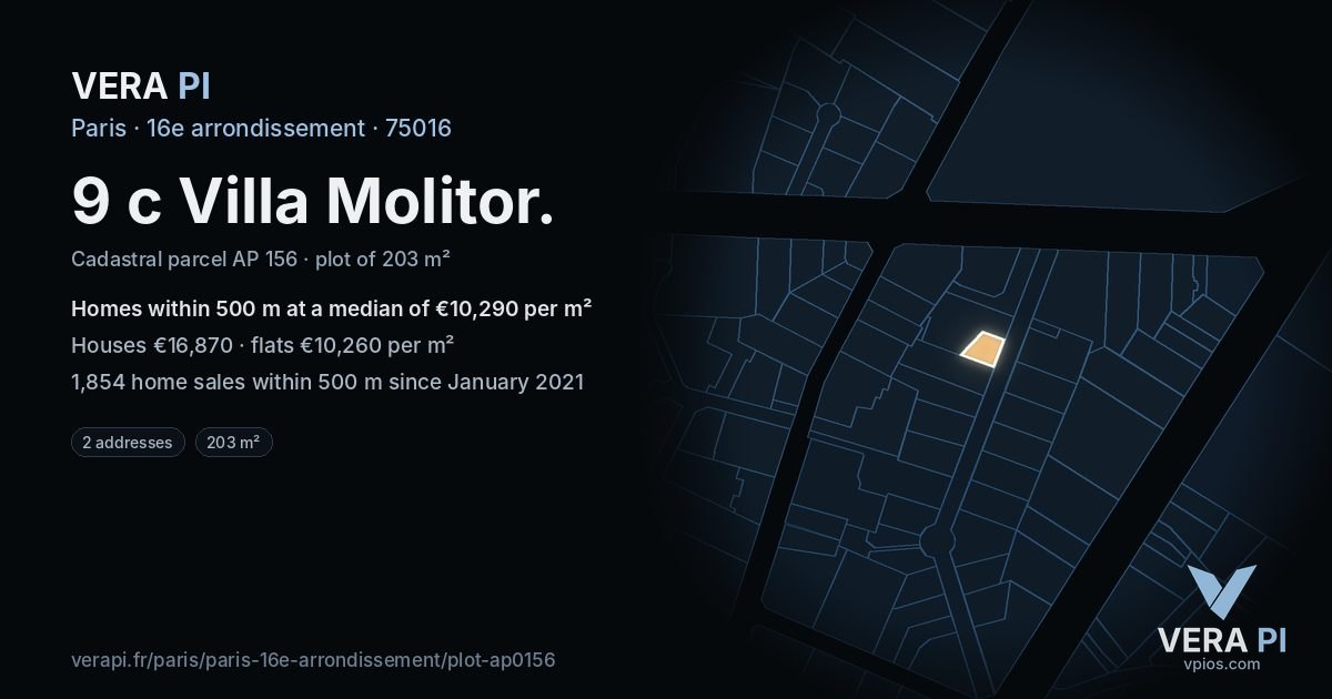 9 c Villa Molitor, 16e arrondissement at night – the plot lit, the parcels around coloured by the prices near them