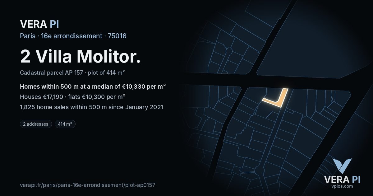 2 Villa Molitor, 16e arrondissement at night – the plot lit, the parcels around coloured by the prices near them