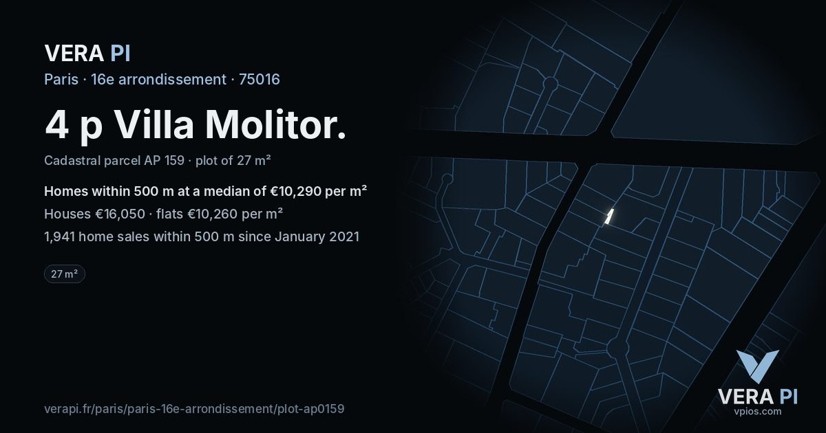 4 p Villa Molitor, 16e arrondissement at night – the plot lit, the parcels around coloured by the prices near them