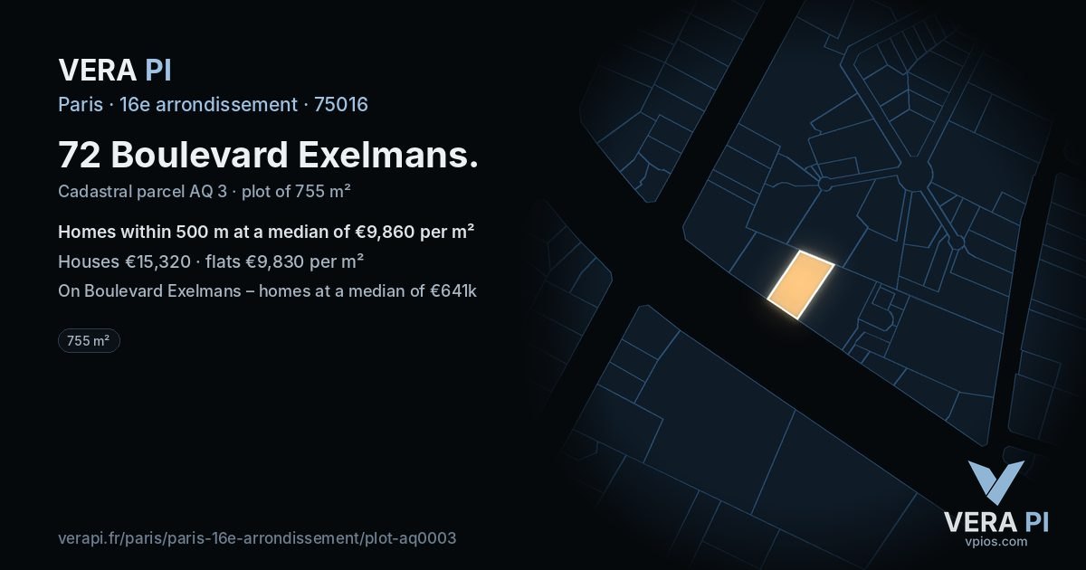 72 Boulevard Exelmans, 16e arrondissement at night – the plot lit, the parcels around coloured by the prices near them