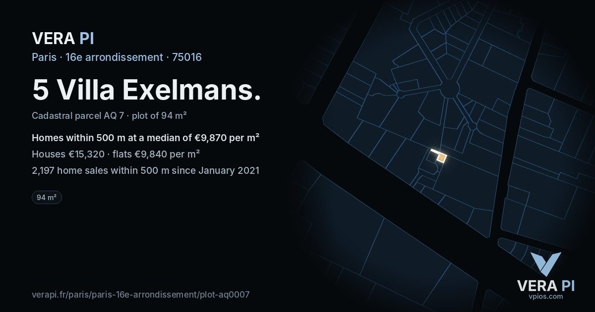 5 Villa Exelmans, 16e arrondissement at night – the plot lit, the parcels around coloured by the prices near them