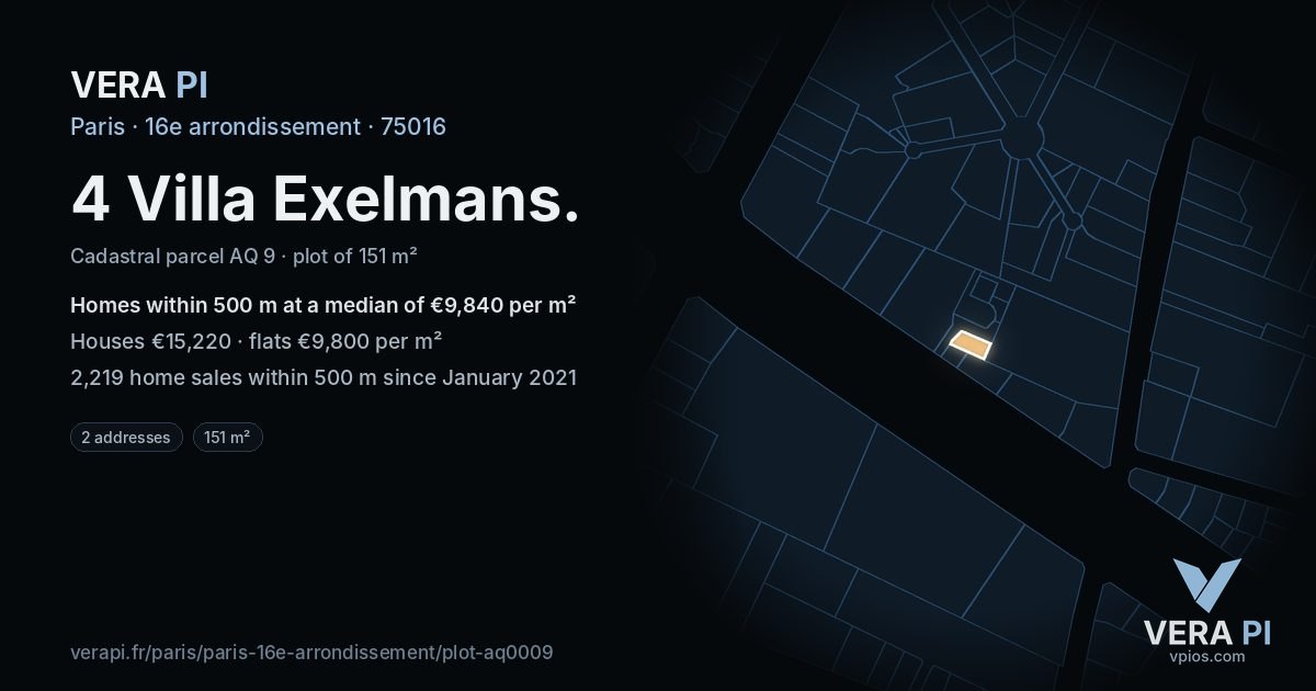 4 Villa Exelmans, 16e arrondissement at night – the plot lit, the parcels around coloured by the prices near them