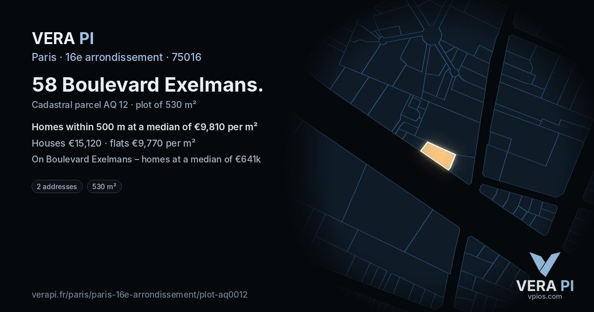 58 Boulevard Exelmans, 16e arrondissement at night – the plot lit, the parcels around coloured by the prices near them