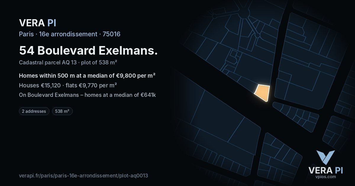 54 Boulevard Exelmans, 16e arrondissement at night – the plot lit, the parcels around coloured by the prices near them