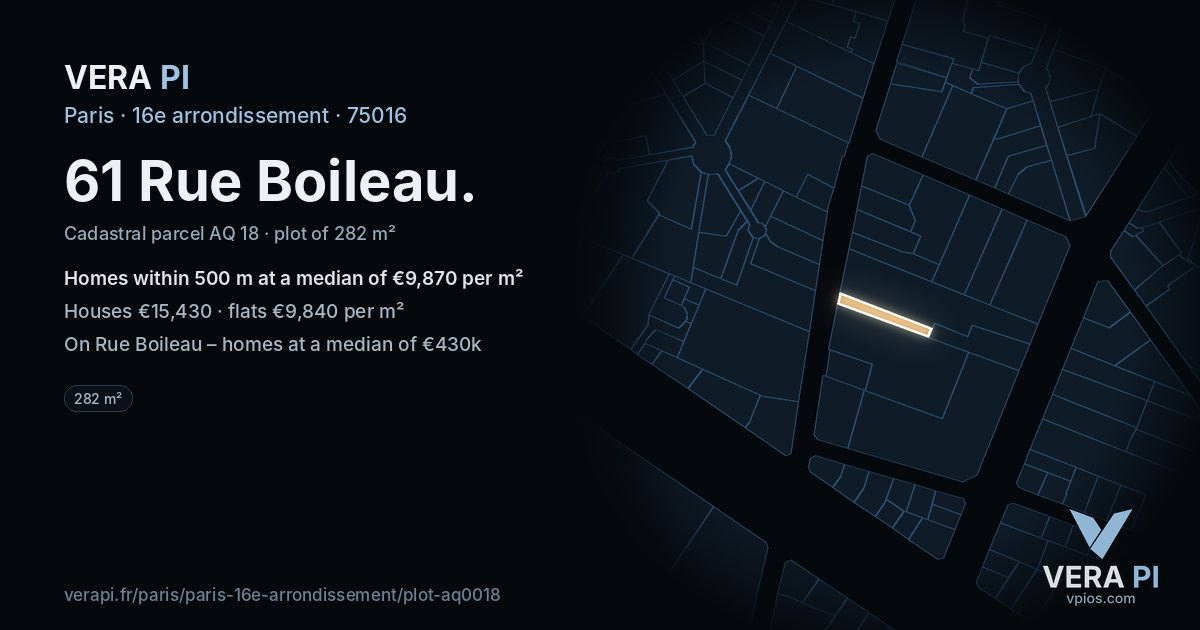 61 Rue Boileau, 16e arrondissement at night – the plot lit, the parcels around coloured by the prices near them
