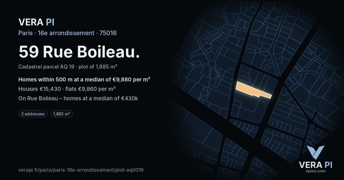 59 Rue Boileau, 16e arrondissement at night – the plot lit, the parcels around coloured by the prices near them