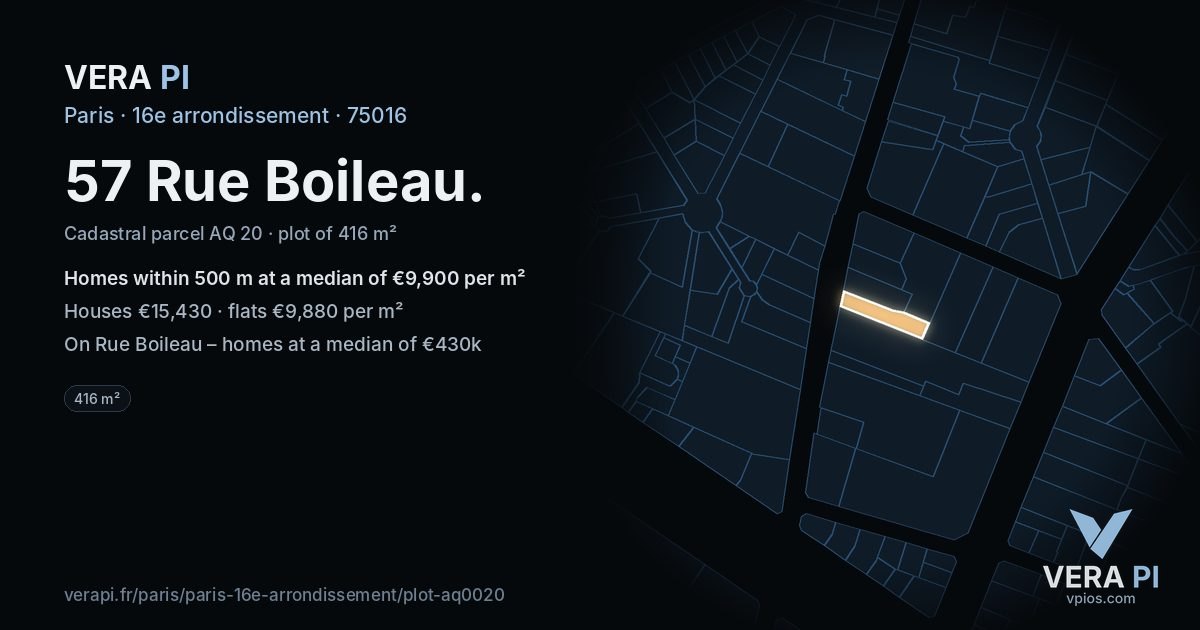 57 Rue Boileau, 16e arrondissement at night – the plot lit, the parcels around coloured by the prices near them