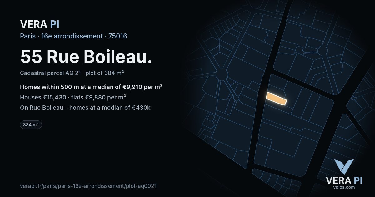 55 Rue Boileau, 16e arrondissement at night – the plot lit, the parcels around coloured by the prices near them