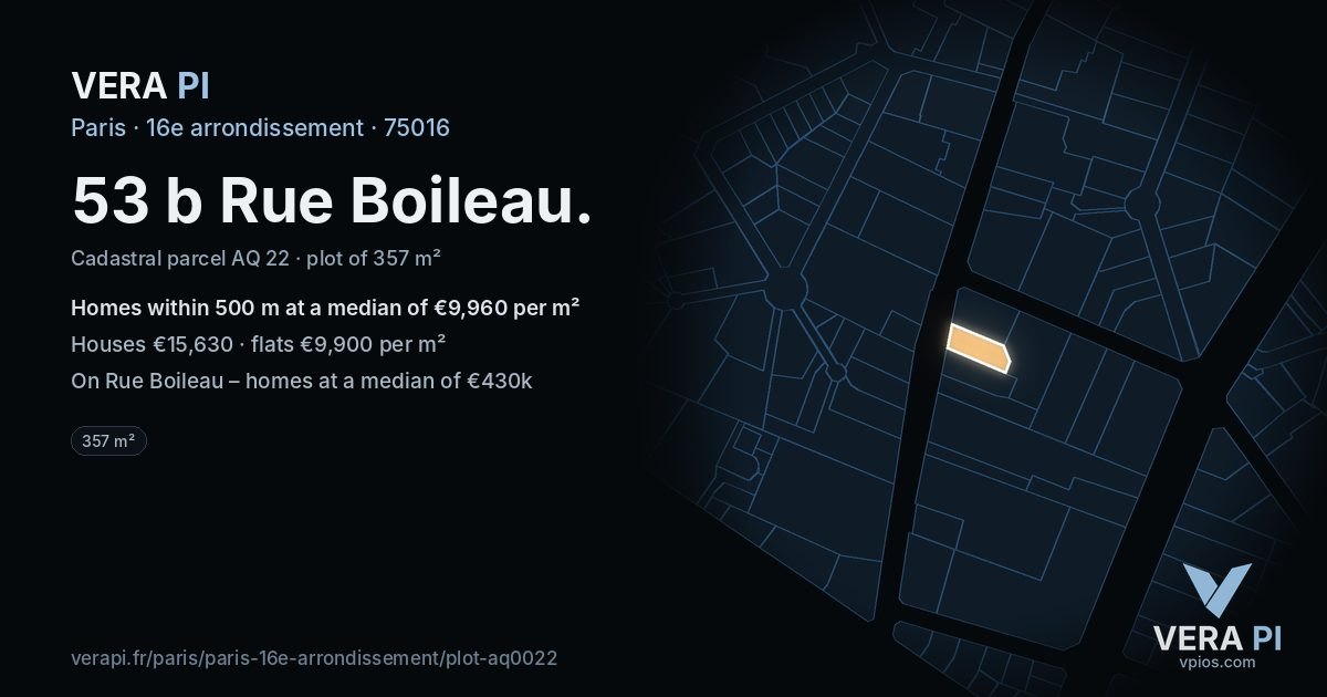 53 b Rue Boileau, 16e arrondissement at night – the plot lit, the parcels around coloured by the prices near them