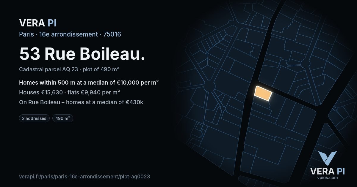 53 Rue Boileau, 16e arrondissement at night – the plot lit, the parcels around coloured by the prices near them