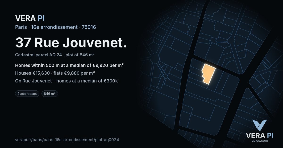 37 Rue Jouvenet, 16e arrondissement at night – the plot lit, the parcels around coloured by the prices near them