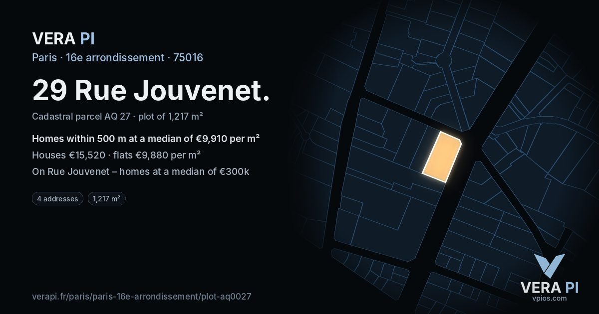 29 Rue Jouvenet, 16e arrondissement at night – the plot lit, the parcels around coloured by the prices near them