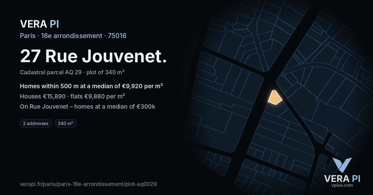27 Rue Jouvenet, 16e arrondissement at night – the plot lit, the parcels around coloured by the prices near them
