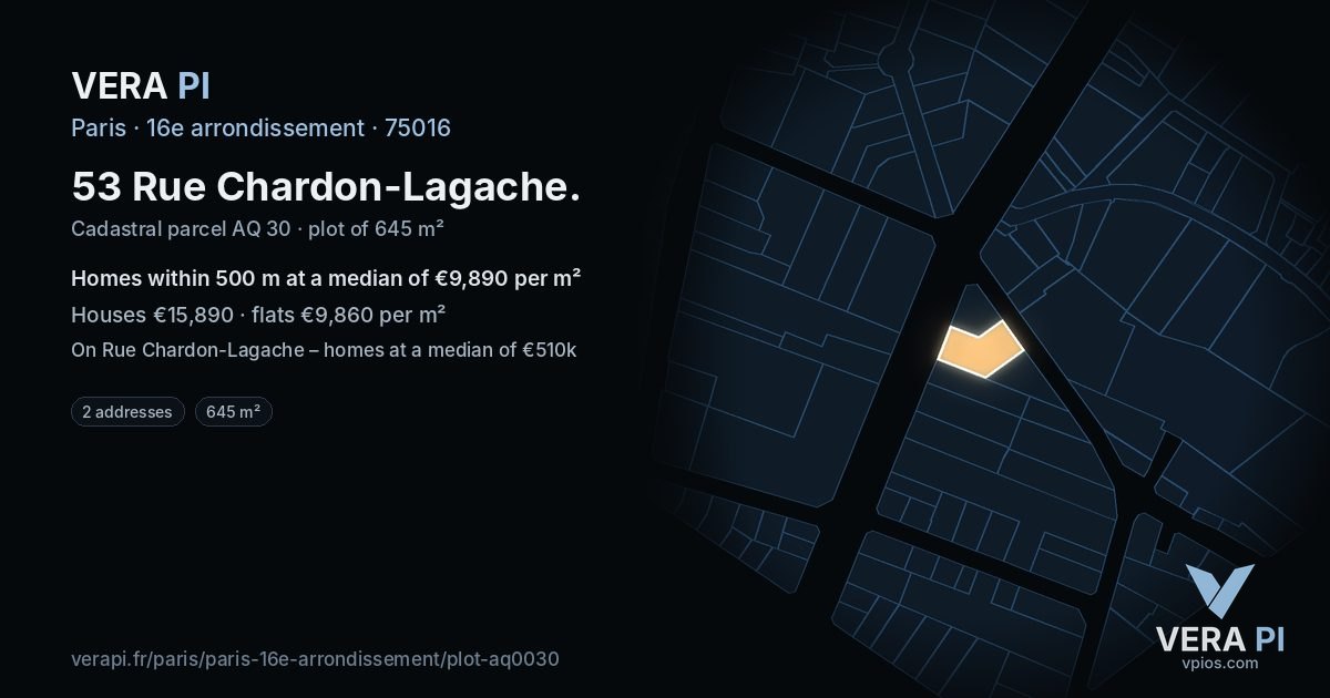 53 Rue Chardon-Lagache, 16e arrondissement at night – the plot lit, the parcels around coloured by the prices near them
