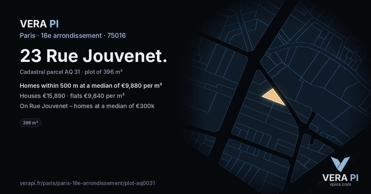23 Rue Jouvenet, 16e arrondissement at night – the plot lit, the parcels around coloured by the prices near them