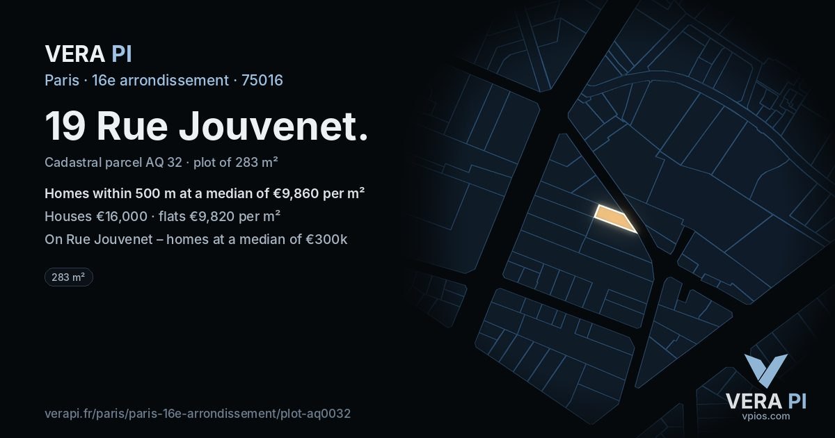 19 Rue Jouvenet, 16e arrondissement at night – the plot lit, the parcels around coloured by the prices near them