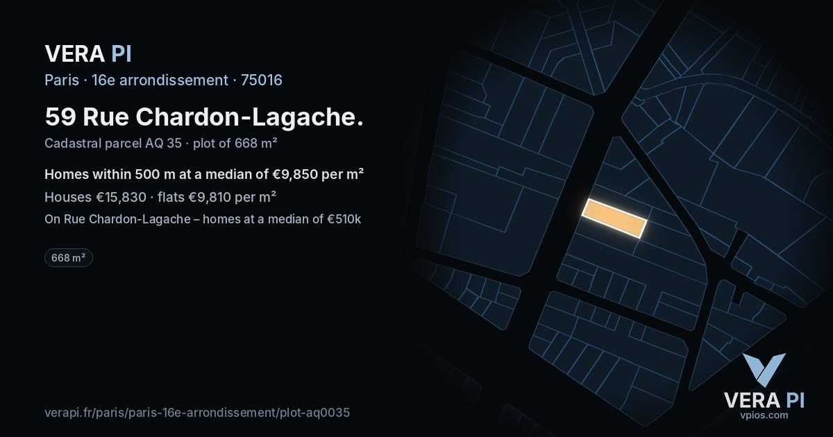 59 Rue Chardon-Lagache, 16e arrondissement at night – the plot lit, the parcels around coloured by the prices near them