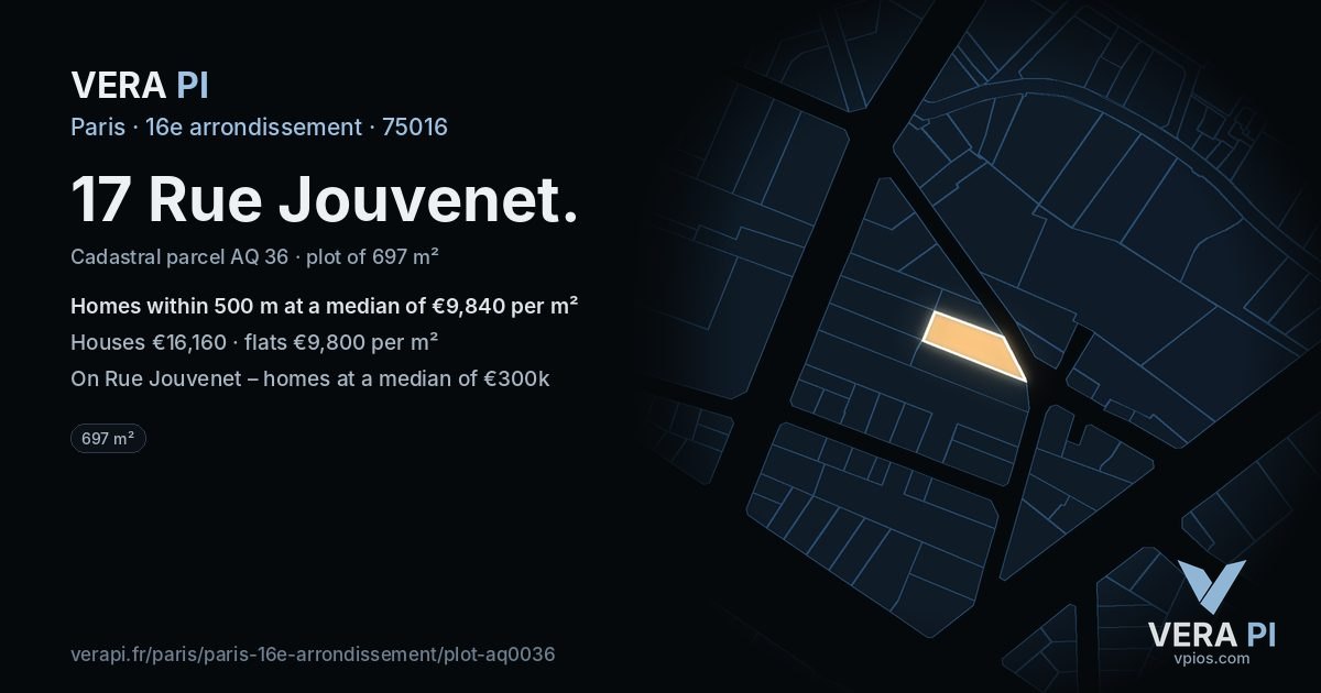 17 Rue Jouvenet, 16e arrondissement at night – the plot lit, the parcels around coloured by the prices near them