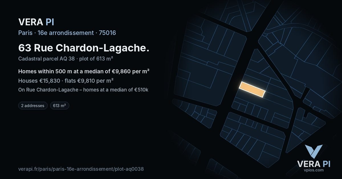 63 Rue Chardon-Lagache, 16e arrondissement at night – the plot lit, the parcels around coloured by the prices near them