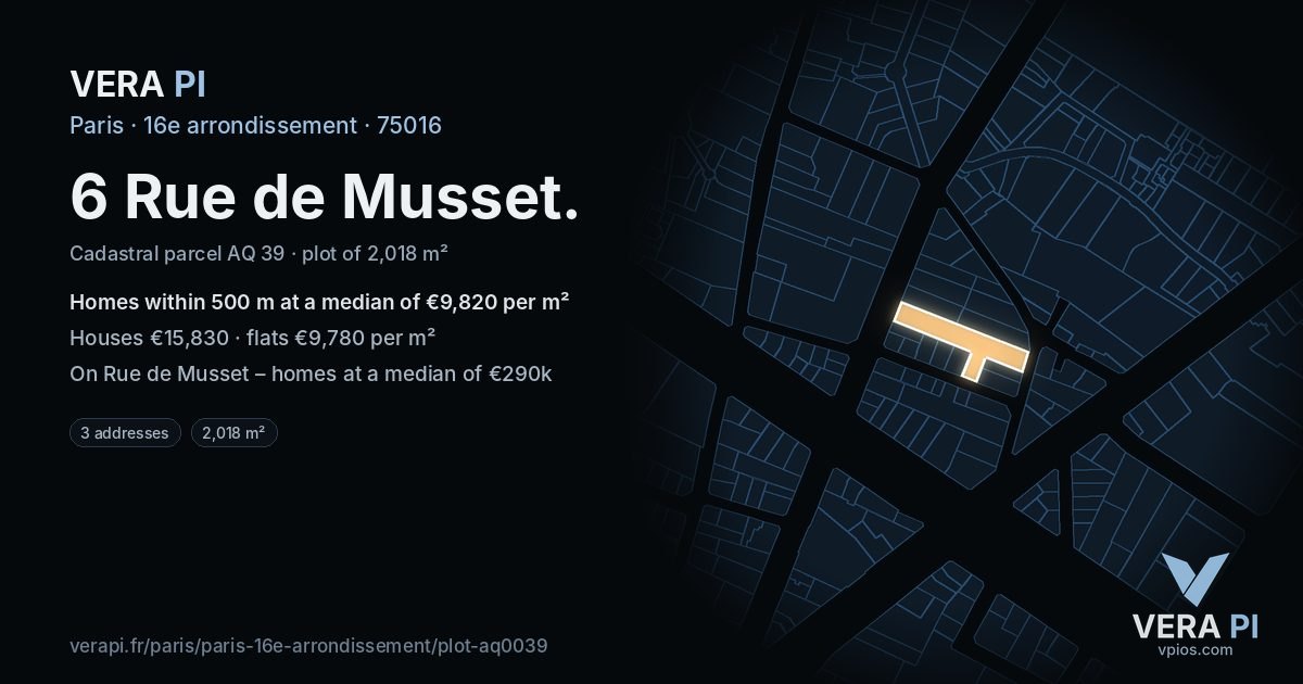 6 Rue de Musset, 16e arrondissement at night – the plot lit, the parcels around coloured by the prices near them