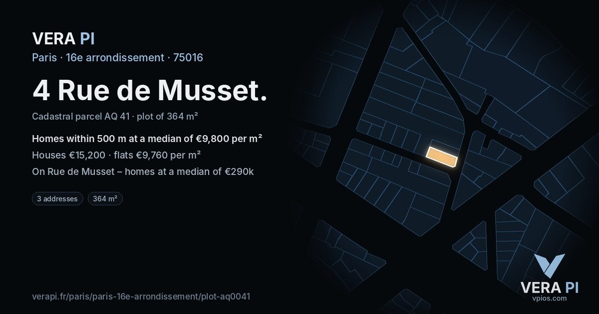 4 Rue de Musset, 16e arrondissement at night – the plot lit, the parcels around coloured by the prices near them