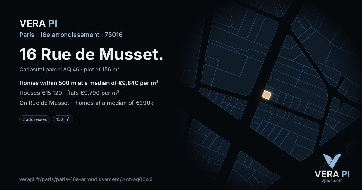 16 Rue de Musset, 16e arrondissement at night – the plot lit, the parcels around coloured by the prices near them