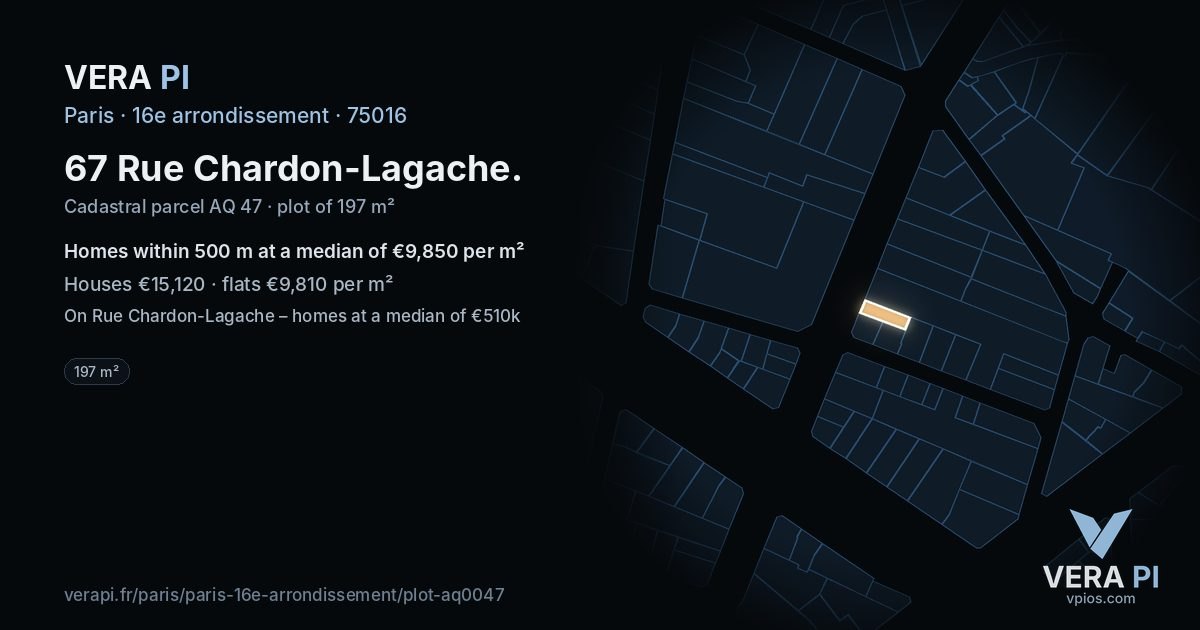 67 Rue Chardon-Lagache, 16e arrondissement at night – the plot lit, the parcels around coloured by the prices near them