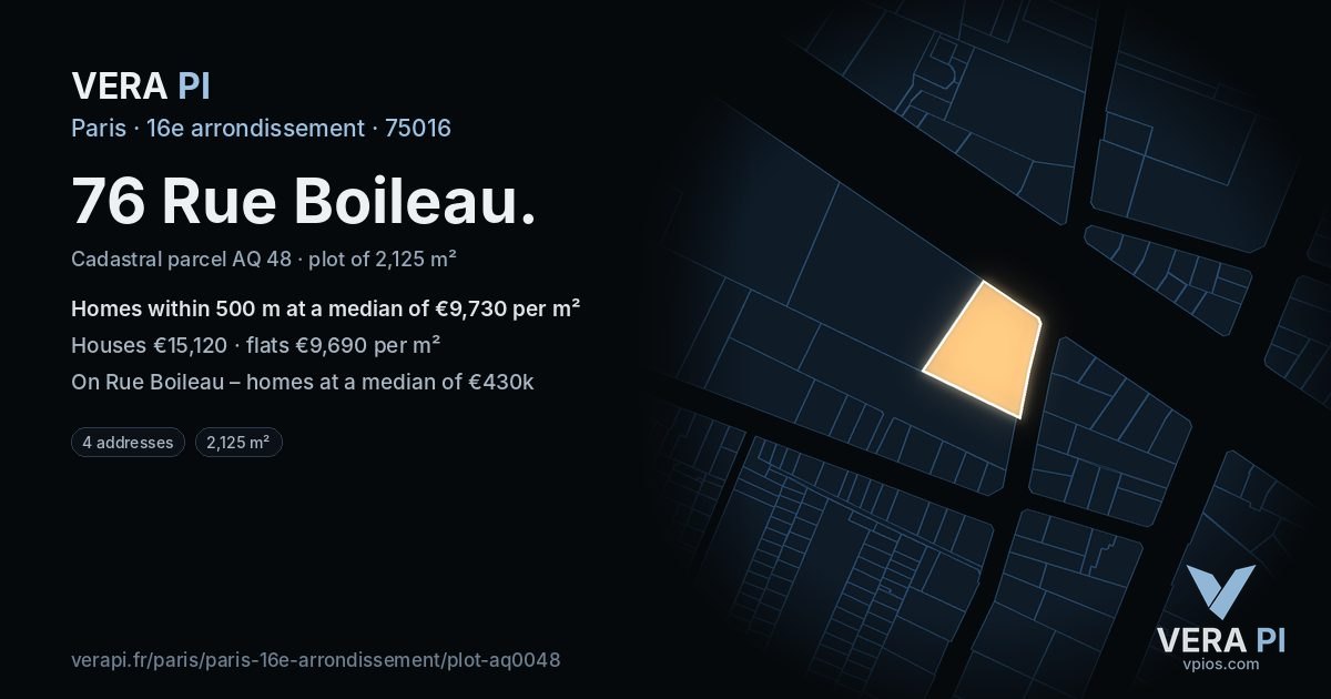 76 Rue Boileau, 16e arrondissement at night – the plot lit, the parcels around coloured by the prices near them