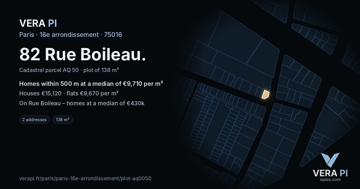 82 Rue Boileau, 16e arrondissement at night – the plot lit, the parcels around coloured by the prices near them