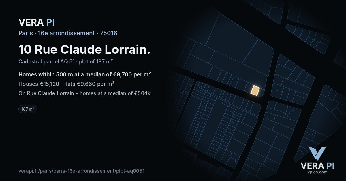 10 Rue Claude Lorrain, 16e arrondissement at night – the plot lit, the parcels around coloured by the prices near them