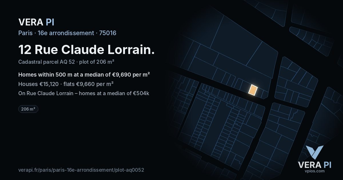 12 Rue Claude Lorrain, 16e arrondissement at night – the plot lit, the parcels around coloured by the prices near them