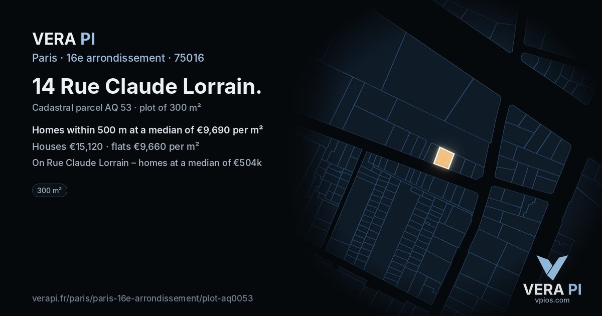 14 Rue Claude Lorrain, 16e arrondissement at night – the plot lit, the parcels around coloured by the prices near them