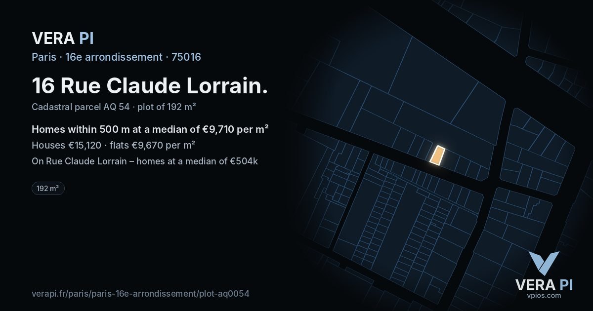 16 Rue Claude Lorrain, 16e arrondissement at night – the plot lit, the parcels around coloured by the prices near them