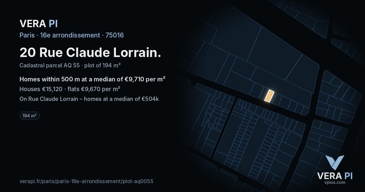 20 Rue Claude Lorrain, 16e arrondissement at night – the plot lit, the parcels around coloured by the prices near them