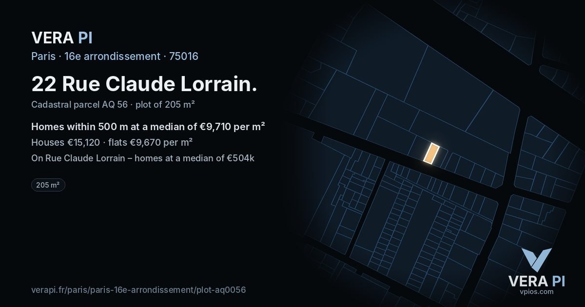 22 Rue Claude Lorrain, 16e arrondissement at night – the plot lit, the parcels around coloured by the prices near them