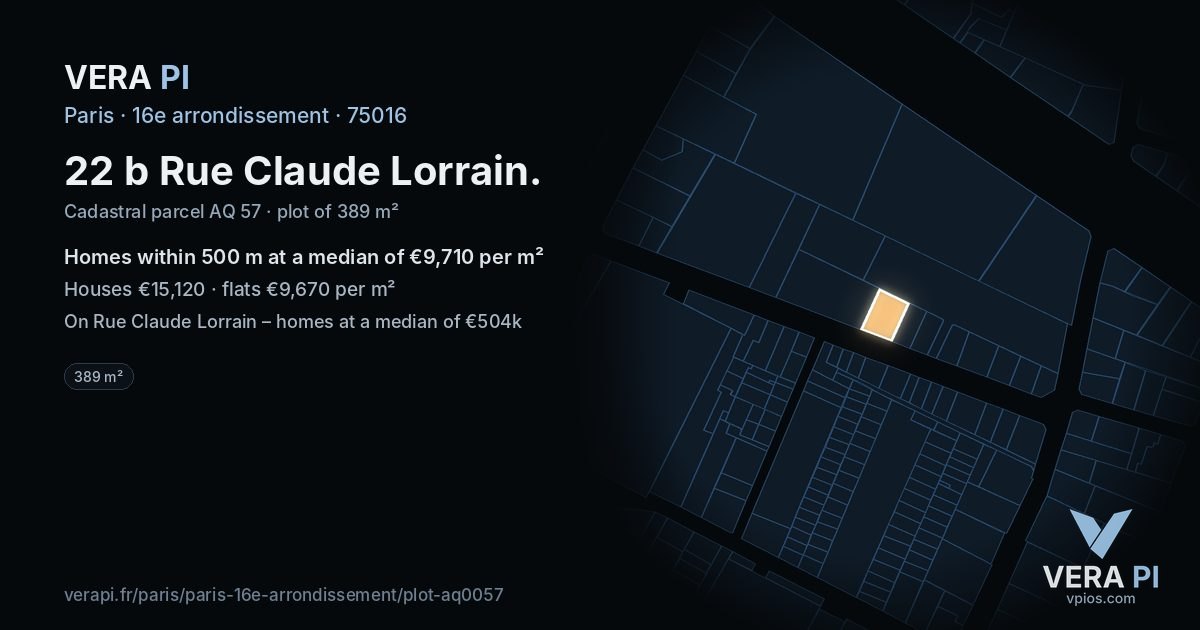 22 b Rue Claude Lorrain, 16e arrondissement at night – the plot lit, the parcels around coloured by the prices near them